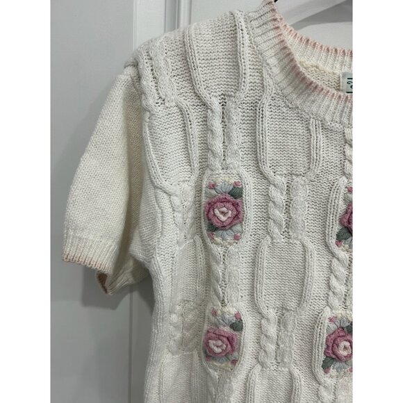 Vintage Shenanigans Floral Embroidered Cable Knit Sweater White Pink Sz Small - Picture 4 of 10